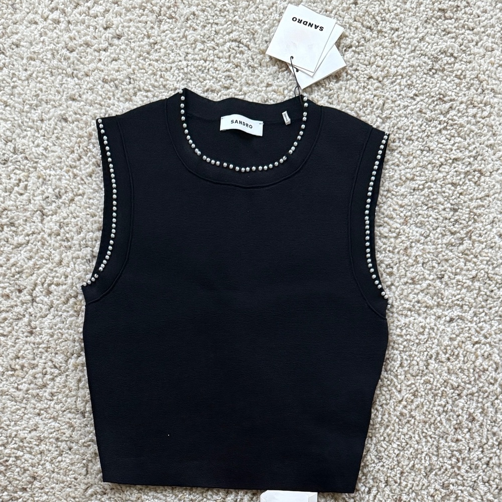 NWT Sandro Gild Faux Pearl Embellished Knit Top